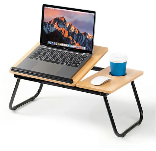 DECODEKO Mesa para Cama y Sofá: Plegable Bandeja para Cama con Tapa Ajustable y Portavasos, Mesa Cama Ordenador en Tablero MDF y Metal, 56x32x25 cm, Nuez Ligera