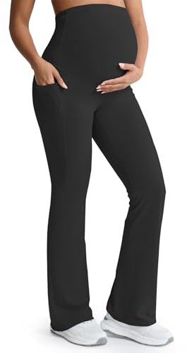 Mama Land Plus Size Maternity Leggings Over the Belly Flared Leggings Bell Bottom Pregnancy Work Yoga Clothes Active Wear Black Maternity Pants with Pockets for Loungewear (34 Black XL)