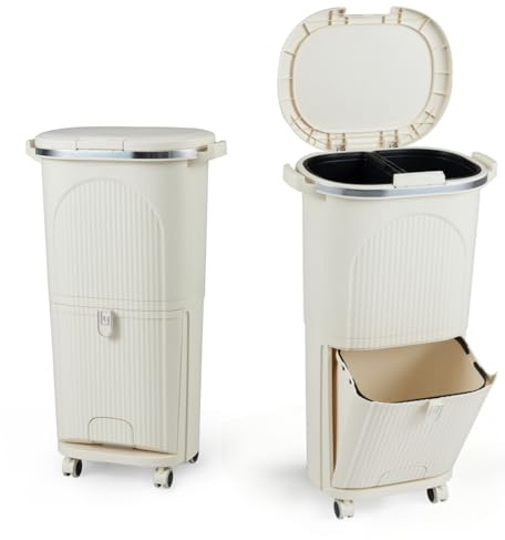 LIFEZEAL 38L / 42L Mülleimer auf Rädern, Abfalleimer mit 3 Fächern & Deckel, Tretmülleimer mit Griff, Küchenmülleimer Abfallbehälter für Küche, Wohnzimmer & Büro (38L,Beige)
