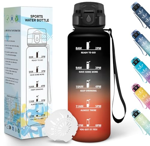 Baramumu Botella agua 1.5 litro, Reutilizable, Cantimplora, con Marcador de Tiempo, Botella agua Gimnasio, a Prueba de Fugas, Botellas Gym para Oficina, Gym, Yoga, Negro & Rojo