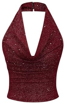 GORGLITTER Sommartoppar damer halterneck topp glitter crop toppar festival outfit sexig fest topp glitter topp sommarmode draperad topp