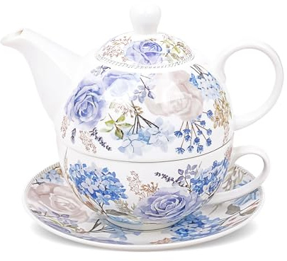 fanquare Elegante Set di teiera da tè per Una Persona in Porcellana 400ml,Design a Fiori Blu e Ortensie Set da Tè Individuale Motivo Floreale ad Acquerello per Colazione Cappuccino Casa e Ufficio
