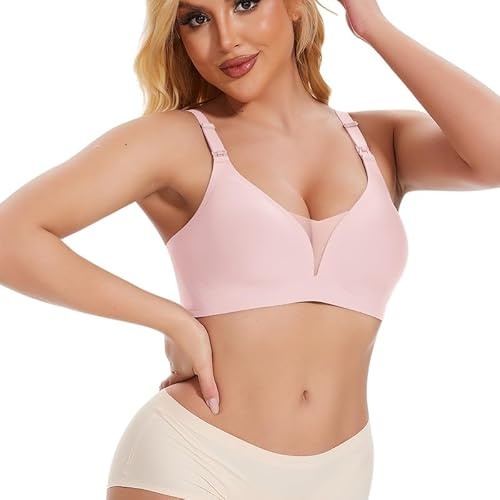 Jiuday Reggiseno silenzioso senza ferretto, grande seno, da donna, per gravidanza e allattamento, comodo, imbottito, in pizzo, senza cuciture, push up, Colore: rosa., XXL