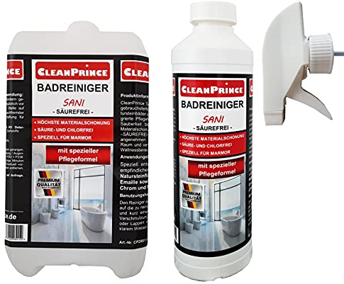 CleanPrince Badreiniger Sani säurefrei 2,5 Liter | Kanister und Nachfüllflasche | entfernt Seifenreste, Kalk, Ablagerungen in Dusche Bad auf Fliesen Marmor Natursteinfliesen