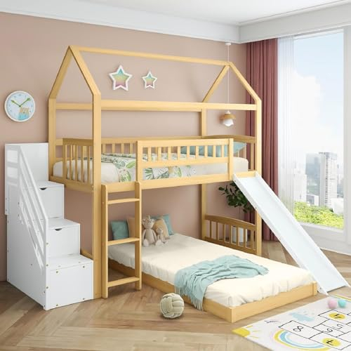 KecDuey Kinderbett 200 x 90cm Etagenbett mit Treppe,Stauraum,Handlauf und rechtwinkliger Leiter, Hausbett mit Rutsche,mit Fallschutz und Gitter, Rahmen aus Holz