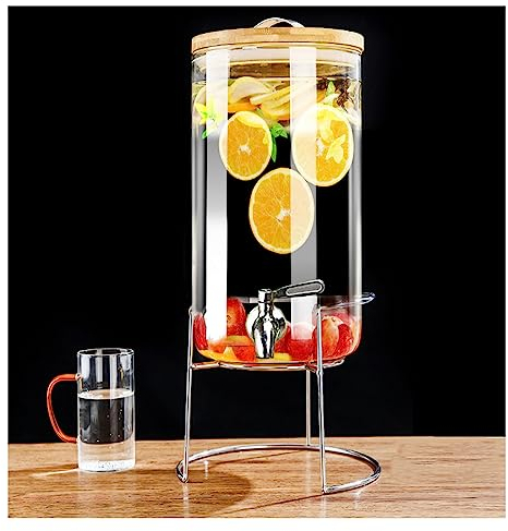WYJRO Dispensador De Bebidas De Cristal,Dispensador De Bebidas De Vidrio con Grifo De Acero Inoxidable Y Base Tapa De Madera para Bebida Caliente O Fría - Garrafa De Agua,Stainless Steel Faucet,10L