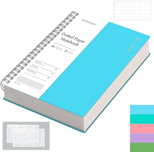 EMSHOI A4 Notebook, Spiral Dotted Journal, 300 Pages, PVC Cover, Blue | 100GSM Paper, Flexible Plastic Cover, Notepad with Journaling Stencils, Pocket, Pen Loop, Bookmark Ruler, 21.5 x 27.9cm