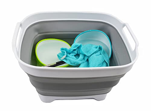 SAMMART 7.5L (2 Gallons) Collapsible Dishpan with Draining Plug - Foldable Washing Basin - Portable Dish Washing Tub - Space Saving Kitchen Storage Tray (1, White/Grey)