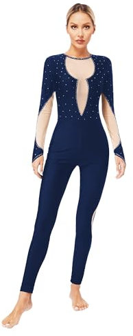 Vxuxlje Damen Turnanzug Gymnastik Overall Patchwork Ganzkörperanzug mit Strass Tanzboy Ballett Trikotanzug Langarm Sportbody Navy blau M
