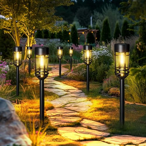 GIGALUMI Solar Lights Outdoor Garden 8 Pack, Waterproof Solar Powered Pathway Lights Outdoor, Tungsten Glow for Yard Path Patio Landscape Walkway（Warm White）