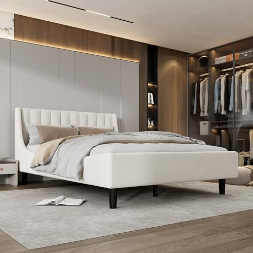 Dolamaní Bett 140x200 cm mit Lattenrost (ohne Matratze), Polsterbett Doppelbett Samt mit Bettgestell Metall (Beige)