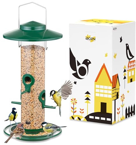 iBorn Vogelfutterspende für den Außenbereich–Metall Vogelfutterhaus für Kardinalvögel,2 Pfund (ca.900g) Futterkapazität,17cm großes Dach und Futterteller,4 Futteröffnungen,Grün