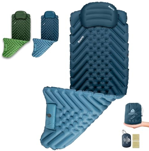 BUERTS Matelas de Camping Auto-gonflant et Coussin Gonflable. Kit avec Pompe à Pied intégrée. Gonflage Rapide en 30 Secondes. Convient pour Le Camping en Plein air, la randonnée.Bleu (Rectangle)