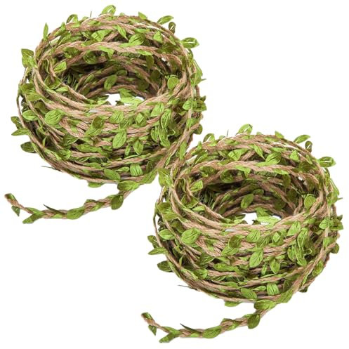 2 Rollos Cuerda de Cáñamo de Vid de Hojas, Artificial Verde Hojas Yute Tela, Decoración de Hoja Verdes Hilo de Ratán, para Guirnalda de Flores Decoración Jardinería Boda Fiesta(Longitud Total 20M)