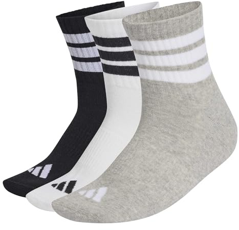 adidas Mixte 3 Stripes Cushioned Sportswear Mid Cut Socks 3 Pair Pack, medium grey heather/white/black, 42-45