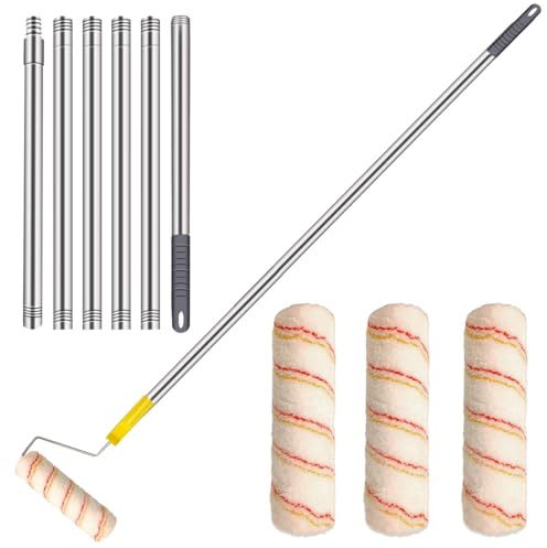 Paint Roller Kit,Paint Roller Brush Set with 8FT Stainless Steel Pole and 3pcs 9Inch Roller Covers,Multi-Function Long Paint Roller Household Wall Painting Tool,for Walls and Ceiling