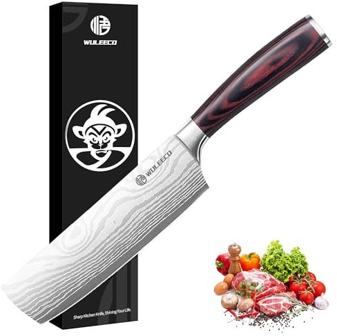 WULEECO Küchenmesser Hackmesser 18 cm, Japanisches Nakiri Messer, Profi Kochmesser Fleischmesser aus Hochwertigem Edelstahl, Extra Scharfe messer für Küchen mit Ergonomischem Pakkaholz-Griff