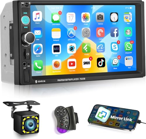 NHOPEEW Autoradio 2 DIN con touchscreen HD da 7 pollici - Bluetooth 5.0, Mirror Link per Android/iOS, radio FM, USB/TF/AUX, comandi al volante + telecamera di retromarcia con 12 LED