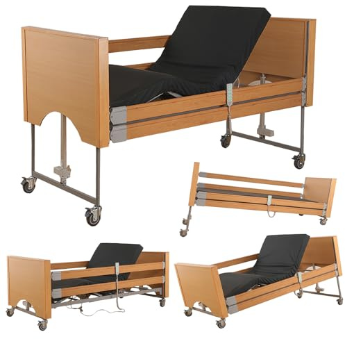 Hel elektrisk justerbar höjd medicinsk säng för hem, 5-funktions sjukhussäng med madrass, skyddsräcke, tysta hjul, 212 x 102 x 28-68 cm)
