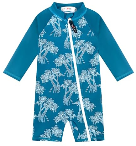 weVSwe Baby Swimsuit UPF 50+ Long Sleeve Blue Leaf Pattern, Baby Swimming Costume with Full Zipper Toddler Swimsuit Sun Protection 12-18 Months