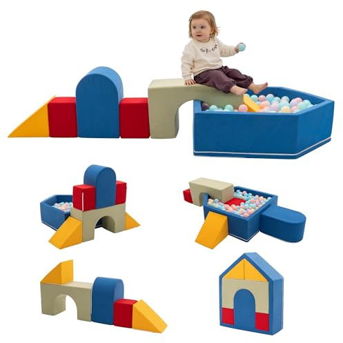 Zedachica 8PCS Soft Play Set for Kids, Baby Foam Climbing Blocks with House-Shaped Ball Pit, Indoor Soft Play Equipment for Climbing, Crawling and Active Play,Blue (Balls Not Included)