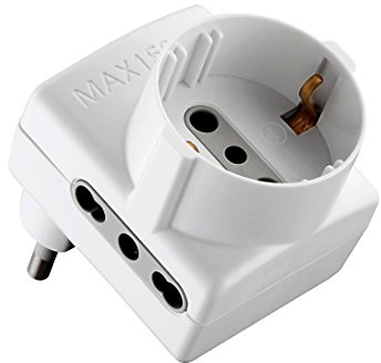 Electraline 70066 Adapter mit platzsparenden Steckdosen, 1 Schuko-Steckdose und 2 Steckdosen für zwei italienische Steckertypen 10 / 16 A, 230 V, Weiß