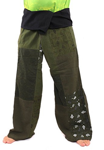 Jing Shop Thai Fisherman Pants Patchwork Green Cotton Size XL Extra Large