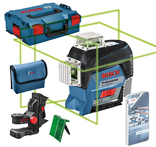 Bosch Professional 12V System Linienlaser GLL 3-80 CG (Ohne Akku, Universalhalterung BM 1, m. App-Funktion, grüner Laser, Innenbereich, max. Arbeitsbereich: 30 m, Tasche, in L-BOXX)