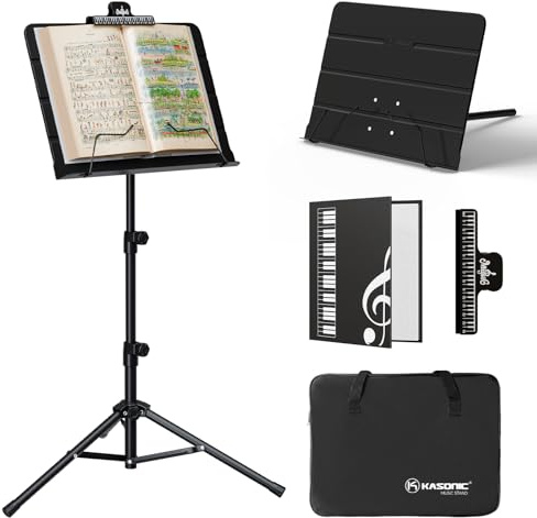 K KASONIC Foldable Music Stand, 2 in 1 Collapsible Music Stands with Music Sheet Folder, Portable Music Book Stand Set for Performances, Sheet Music Stand Tripod for Musical Needs, Black