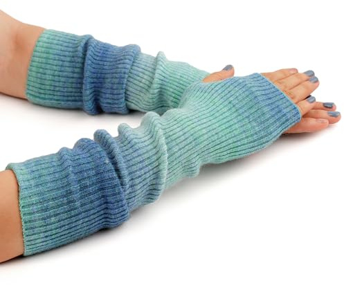 Zeltauto Women’s CASHMERE Blend Knit Arm Warmers Elbow Length Long Fingerless Gloves Mittens with Thumb Hole (Tie-Dye Light Blue)