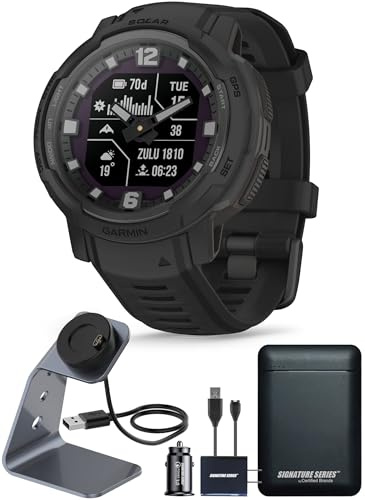 Garmin Instinct Crossover Solar Tactical, Rugged Hybrid Multisport GPS Smartwatch, Graphite | Heart Rate Monitor, Analog Hands, Digital Display, Up to 28 Day Battery Life w/Signature Power Bundle