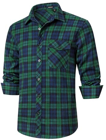 HISDERN Men's Long Sleeve Shirt Checked Flannel Shirts Casual Plaid Button Down Shirt with Pocket for Men Regular Fit Blue/Green XL