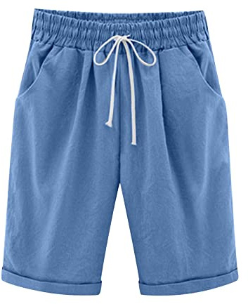 oglccg Womens Half Pants Plus Size Knee Length Cotton Linen Shorts with Pockets Summer Solid Beach Vacation Straight Leg Trousers Drawstring Elastic Waist Bermuda Casual Work Shorts, Blue, 4XL