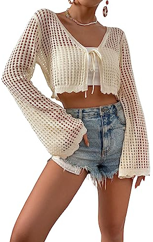 SHENHE Women's Crochet Cardigan Tie Front Tops Boho Bell Long Sleeve Lightweight Cover Up Apricot Medium