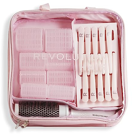 Makeup Revolution Haircare - Set di 10 bigodini per capelli, bigodini in velcro senza calore, spazzola per lo styling, fermagli per capelli e borsa inclusi