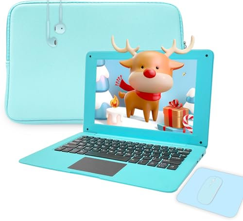 aichiw 10.1 Inch Laptop Windows 10 Quard Core Notebook Lightweight Mini Netbook Computer with Intel CPU 4GB RAM 64GB eMMC Storage, Laptop Sleeve, Wireless Mouse, Headphone(Blue)