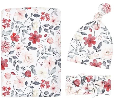 MdouLy Newborn Swaddle Set with Matching Headband Hat and Bow Set Floral Baby Girl Newborn Receiving Blankets Baby Swaddle Nursery Wildflower Baby Blanket