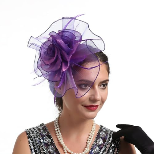 CCAIPU Chapeau Fascinateur pour Femme, Bandeau Fleuri en Maille avec Rubans et Plumes, Pince à Cheveux Elégante pour Filles et Femmes (Pourpre)