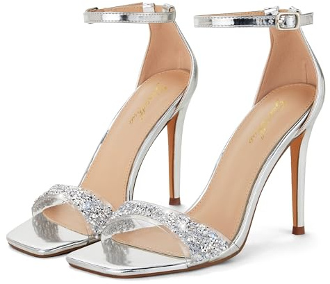 GENSHUO Sandales de soirée élégantes pour femmes, hauteur de talon de 10 cm, décorées de strass scintillants, argent EU 38