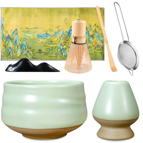 Juego de té matcha, juego de 7 unidades, disponible con cuenco de matcha, batidor, soporte para escoba, cucharadita, colador de té y paño de cocina, caja de regalo para ceremonia del té, matcha hecho