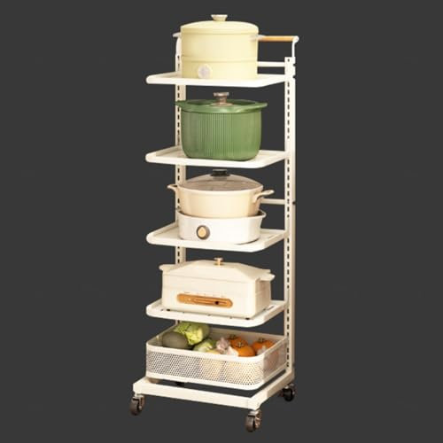 Scaffale da cucina con ruote per pentole e padelle, design ad angolo, colore: bianco, include 5 ripiani, 4 ripiani e 1 cestino