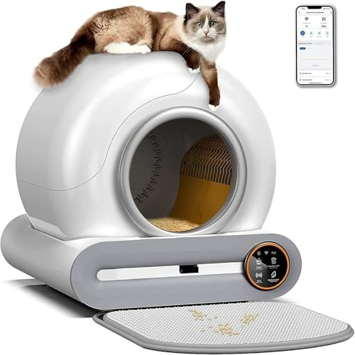 Självrengörande kattlåda, automatisk appkontroll, utrymmesbesparande design, sanitetsmonitor/65 L + 9 L, stor kapacitet med matta