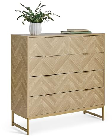 VonHaus Chest of Drawers for Bedroom - Herringbone 5 Drawer Bedroom Dresser with Gold Handles & Legs - Modern Scandi Look Storage Cabinet - Light Wood Effect Storage Dresser - Ducie