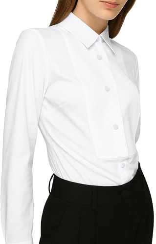 SUNNOW Women's White Tuxedo Button Up Shirt Long Sleeve Bib Collar Blouse Dressy Casual Tops