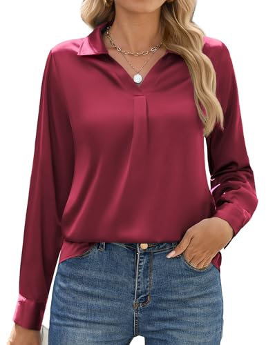 Zeagoo - Chemisier en satin pour femme - Manches longues - Élégant - Col en V - Chemise en soie - Manches longues - Haut uni - Pour le travail, rouge bordeaux, XXL