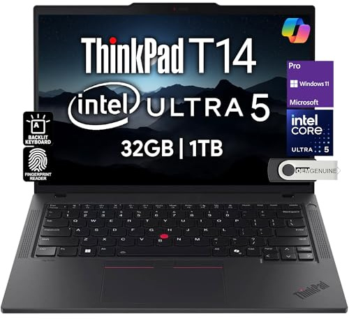 Lenovo ThinkPad T14 Gen 5 Business Laptop (14 FHD+ IPS, Intel Ultra 5 125U, 32GB DDR5 RAM, 1TB SSD), 5MP Webcam HD, 2 Thunderbolt 4, Wi-Fi 6E AI PC, Win 11 Pro, 3 anni di garanzia