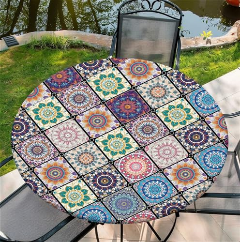 artslion Nappe Ronde d'extérieur avec Bande élastique Ø 36in-90cm Nappe de Jardin élastique avec Motif Fleurs rétro, pour Cuisine Jardin Fête Table