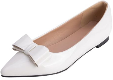 Smilice Ballerines pointues avec nœud - Talon plat de 1 cm - Escarpins à enfiler en cuir verni pour femme - Semelle en caoutchouc antidérapante pour un confort quotidien, Blanc., 48 EU