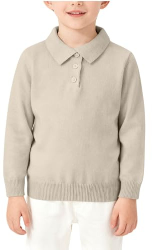 Long Sleeve Polo Sweaters for Boy Spread Collar Fall Warm Knit Shirts Casual Classic Fall Winter Pullovers 2-10 Years Beige