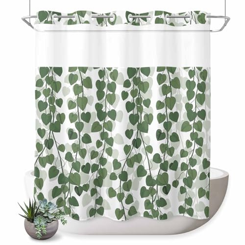 LXCPBNQT No Hook Shower Curtain, Spring Plants Ivy Waterproof Bathtub Curtain with See Through Top Window, Green Heartleaf Philodendron Quick Dry Shower Curtains for Bathroom Hotel 72x72IN